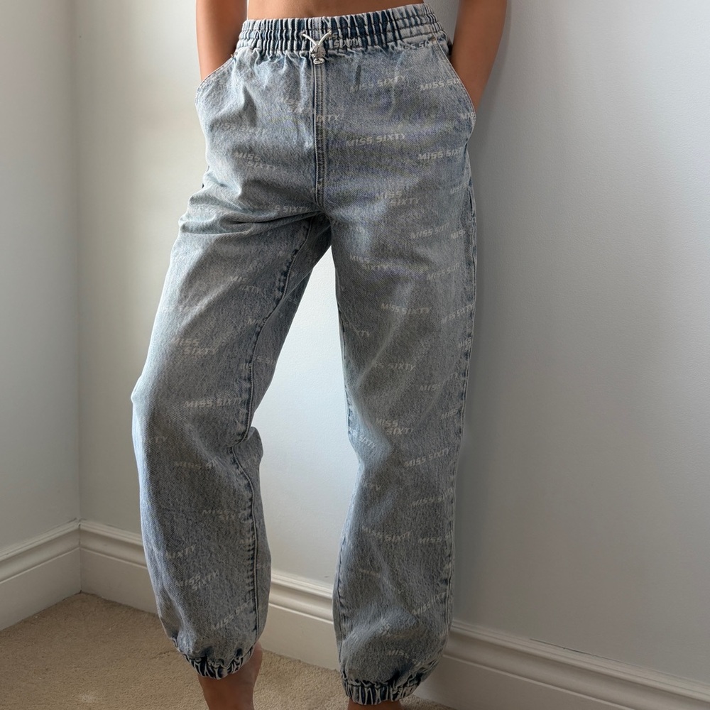 Miss Sixty Blue and White Logo Print Jogger Jeans - X-Small